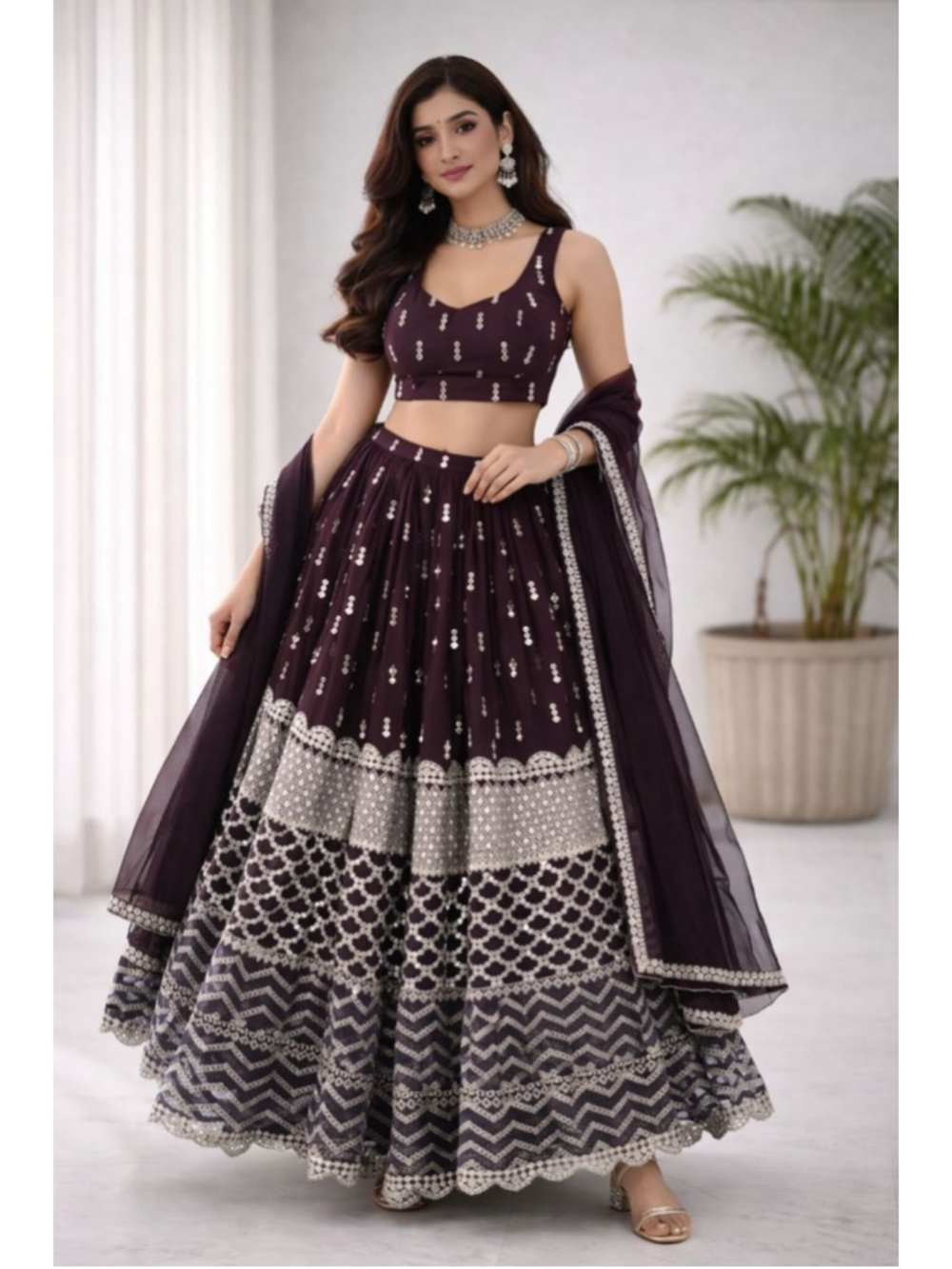 Maroon Sequin Zari Embroidery Work Lehenga Choli